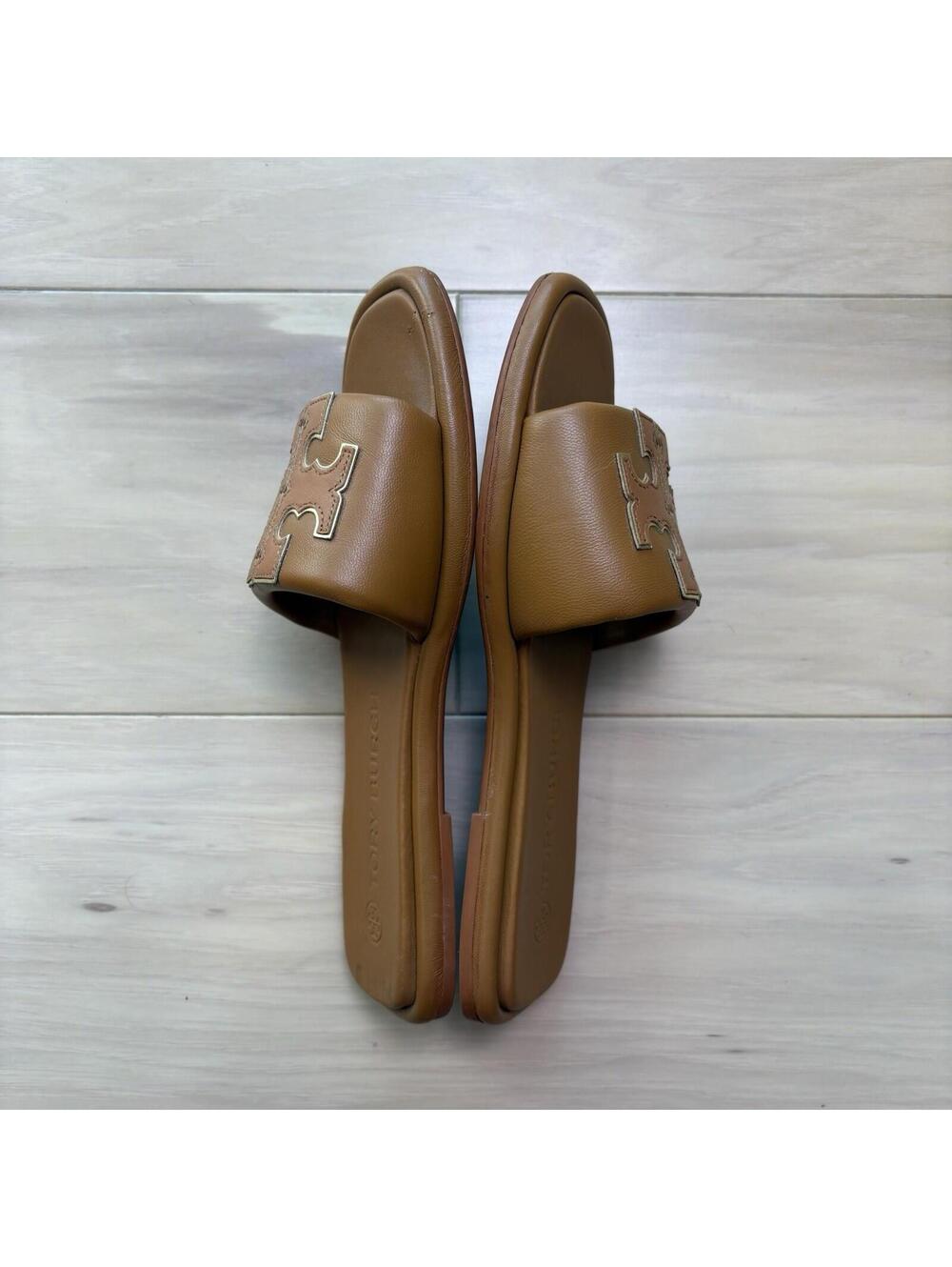 Tory Burch Ines Slide Sandals Brown Leather Double T Logo Women’s Size 9.5 M - Picture 2 of 7